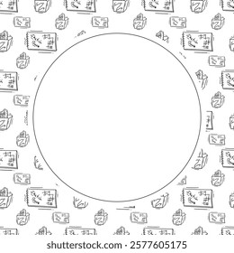 artist tool frame. doodle art supplies circle frame. hand drawn artist kit frame background. art material background