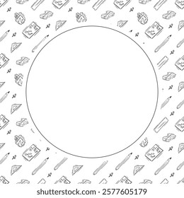 artist tool frame. doodle art supplies circle frame. hand drawn artist kit frame background. art material background