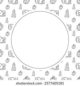 artist tool frame. doodle art supplies circle frame. hand drawn artist kit frame background. art material background