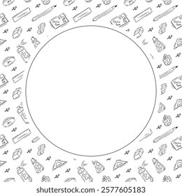 artist tool frame. doodle art supplies circle frame. hand drawn artist kit frame background. art material background