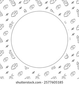 artist tool frame. doodle art supplies circle frame. hand drawn artist kit frame background. art material background