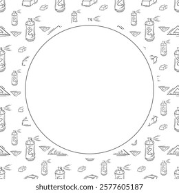 artist tool frame. doodle art supplies circle frame. hand drawn artist kit frame background. art material background