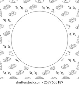 artist tool frame. doodle art supplies circle frame. hand drawn artist kit frame background. art material background