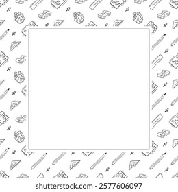 artist tool frame. doodle art supplies square frame. hand drawn artist kit frame background. art material background