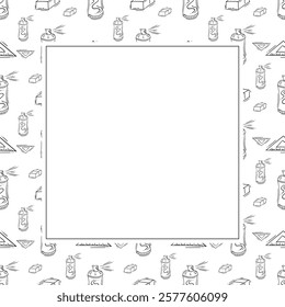 artist tool frame. doodle art supplies square frame. hand drawn artist kit frame background. art material background