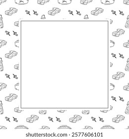 artist tool frame. doodle art supplies square frame. hand drawn artist kit frame background. art material background