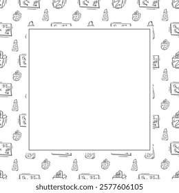 artist tool frame. doodle art supplies square frame. hand drawn artist kit frame background. art material background