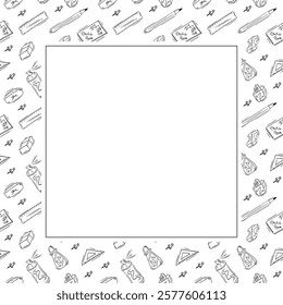 artist tool frame. doodle art supplies square frame. hand drawn artist kit frame background. art material background