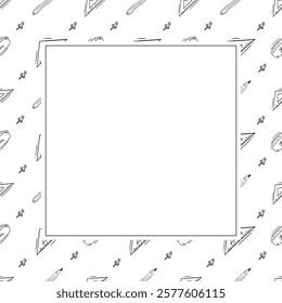 artist tool frame. doodle art supplies square frame. hand drawn artist kit frame background. art material background