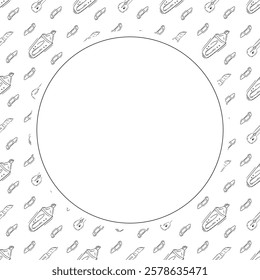 artist tool frame. doodle art supplies circle frame. hand drawn artist kit frame background. art material background