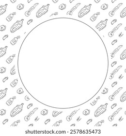 artist tool frame. doodle art supplies circle frame. hand drawn artist kit frame background. art material background