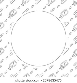 artist tool frame. doodle art supplies circle frame. hand drawn artist kit frame background. art material background