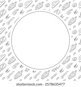 artist tool frame. doodle art supplies circle frame. hand drawn artist kit frame background. art material background