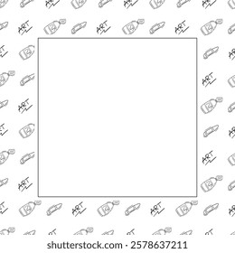 artist tool frame. doodle art supplies square frame. hand drawn artist kit frame background. art material background