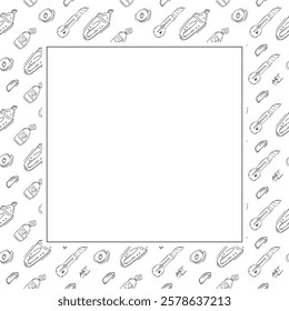 artist tool frame. doodle art supplies square frame. hand drawn artist kit frame background. art material background