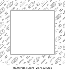 artist tool frame. doodle art supplies square frame. hand drawn artist kit frame background. art material background