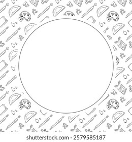 artist tool frame. doodle art supplies circle frame. hand drawn artist kit frame background. art material background