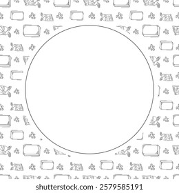 artist tool frame. doodle art supplies circle frame. hand drawn artist kit frame background. art material background