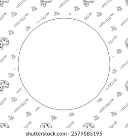 artist tool frame. doodle art supplies circle frame. hand drawn artist kit frame background. art material background