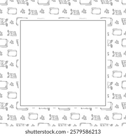 artist tool frame. doodle art supplies square frame. hand drawn artist kit frame background. art material background