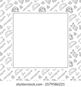 artist tool frame. doodle art supplies square frame. hand drawn artist kit frame background. art material background