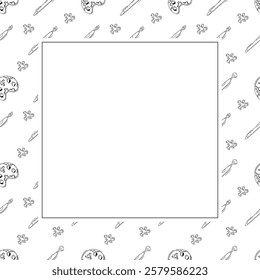 artist tool frame. doodle art supplies square frame. hand drawn artist kit frame background. art material background