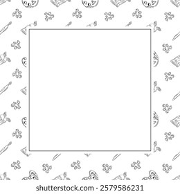 artist tool frame. doodle art supplies square frame. hand drawn artist kit frame background. art material background