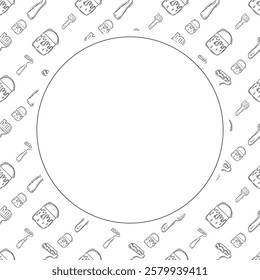 artist tool frame. doodle art supplies circle frame. hand drawn artist kit frame background. art material background