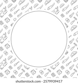 artist tool frame. doodle art supplies circle frame. hand drawn artist kit frame background. art material background