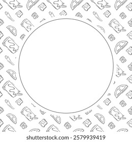 artist tool frame. doodle art supplies circle frame. hand drawn artist kit frame background. art material background