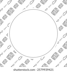 artist tool frame. doodle art supplies circle frame. hand drawn artist kit frame background. art material background