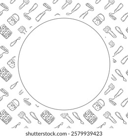 artist tool frame. doodle art supplies circle frame. hand drawn artist kit frame background. art material background