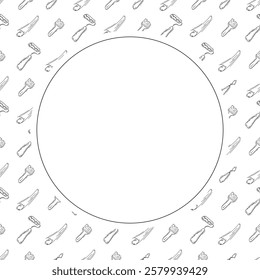 artist tool frame. doodle art supplies circle frame. hand drawn artist kit frame background. art material background