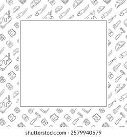 artist tool frame. doodle art supplies square frame. hand drawn artist kit frame background. art material background