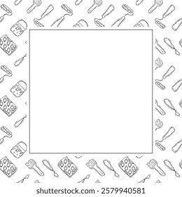 artist tool frame. doodle art supplies square frame. hand drawn artist kit frame background. art material background