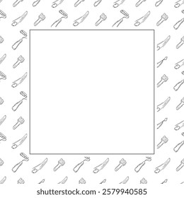 artist tool frame. doodle art supplies square frame. hand drawn artist kit frame background. art material background