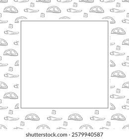 artist tool frame. doodle art supplies square frame. hand drawn artist kit frame background. art material background