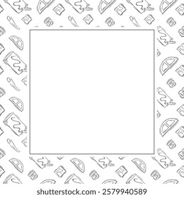 artist tool frame. doodle art supplies square frame. hand drawn artist kit frame background. art material background