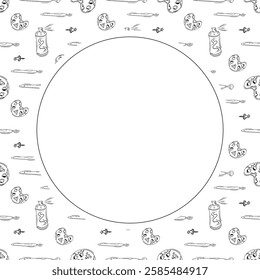 artist tool frame. doodle art supplies circle frame. hand drawn artist kit background