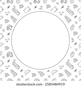 artist tool frame. doodle art supplies circle frame. hand drawn artist kit background