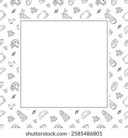 artist tool frame. doodle art supplies square frame. hand drawn artist kit background