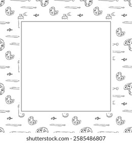 artist tool frame. doodle art supplies square frame. hand drawn artist kit background