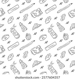 artist tool pattern. art supplies seamless pattern. doodle artist kit seamless pattern. doodle art material background