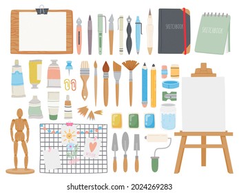 Artist toolkit. Cartoon paint and calligraphy supplies. Sketchbooks and pens, easel, watercolor, paintbrushes and tubes. Drawing vector set toolkit, paint and brush illustration