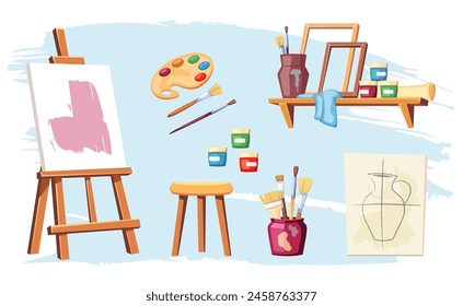 herramientas de artista. pincel, pintura, paleta, caballete, pincel, lienzo, dibujo animado minimalista de colección de atributos de pintura plana, conjunto de suministros de dibujo. Vector de dibujos animados aislados fondo blanco.