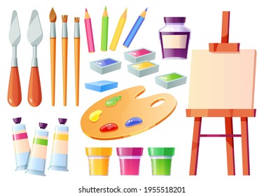Artist tools, brushes, palette, easel and paints. Creative painter equipment for craft and drawing. Vector cartoon set of watercolor, acrylic and gouache, palette knife, white canvas and pencils