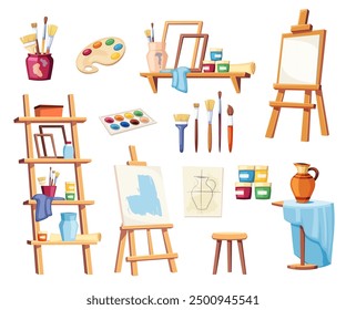 artist tools. cartoon minimalistic flat painting attributes collection, brush, paint, palette, easel, paintbrush, canvas, drawing supplies set. vector cartoon items isolated white background.