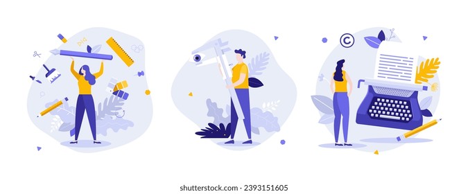 Artist Tools flat concept vector illustrations set. Copyright protection for authors works cartoon composition. Creating visual artworks and texts process idea for website, presentation