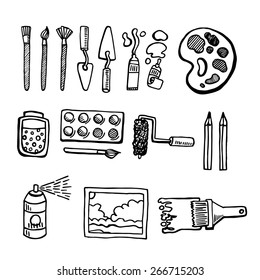  Artist tools hand drawn set vector white and black