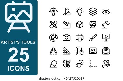 artist tools icon collection.bold line style.contains paintbrush,tool,brainstorming,image,inspiration,artwork,draw,dye .vector illustrations